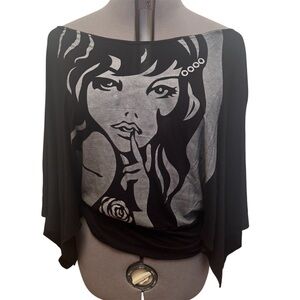 Vintage Y2K Off Shoulder Top Made in USA Batwing Dolman Pop Art Girl Face Shirt